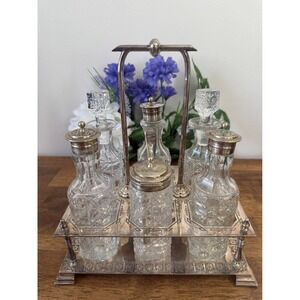 Antique Victorian Silver Plated Cruet Set Cut Glass‎ Bottles Condiment Stand